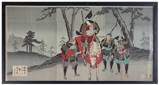1329662 Horse Back Mounted Female Warrior with Three Soldiers, 1882. Toyohara Kunichika