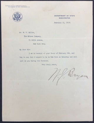 1349653 WILLIAM JENNINGS BRYAN TYPED LETTER [SIGNED]. William Jennings Bryan