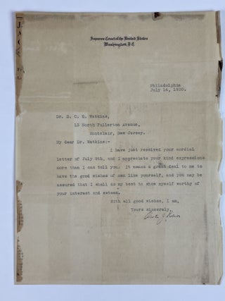 1353474 OWEN J. ROBERTS: TYPED LETTER SIGNED, EXPRESSING THANKS FOR CONGRATULATIONS UPON...
