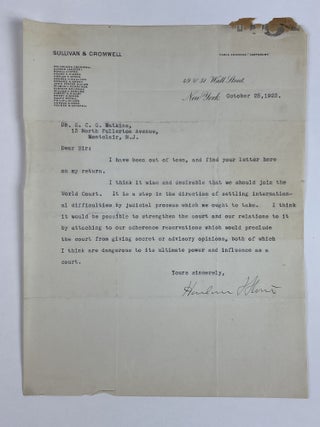 1353481 HARLAN F. STONE: TYPED LETTER SIGNED, DISCUSSING WORLD COURT (1923). Harlan F. Stone
