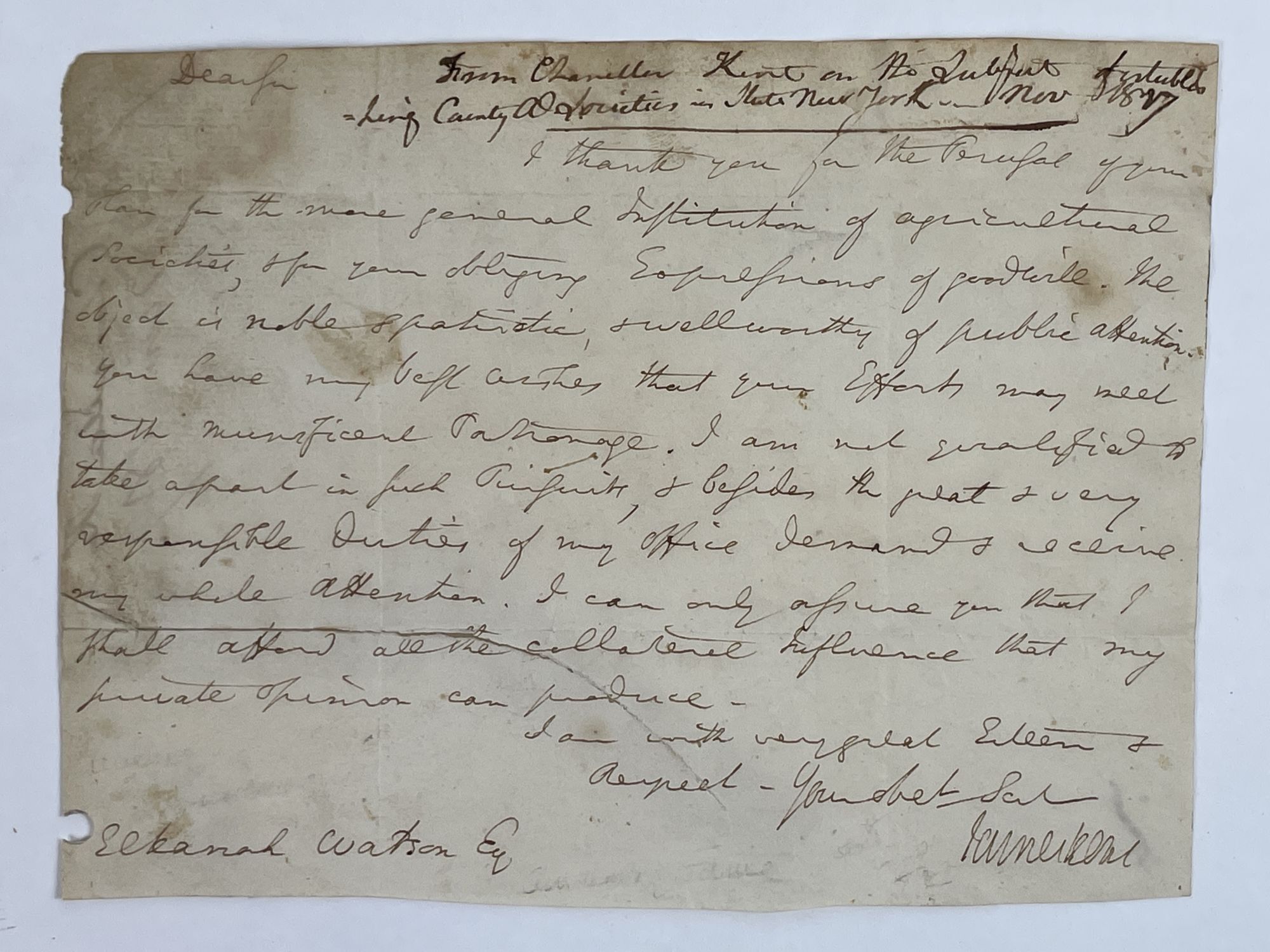JAMES KENT: AUTOGRAPH LETTER, SIGNED 1827 | James Kent