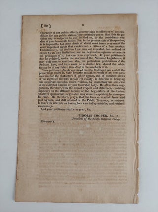 Petition of Thomas Cooper, President of the South Carolina College, Praying the Restoration of a Fine, With Interest, Incurred under the Sedition Law of 1798, for a Libel Against the President of the United States