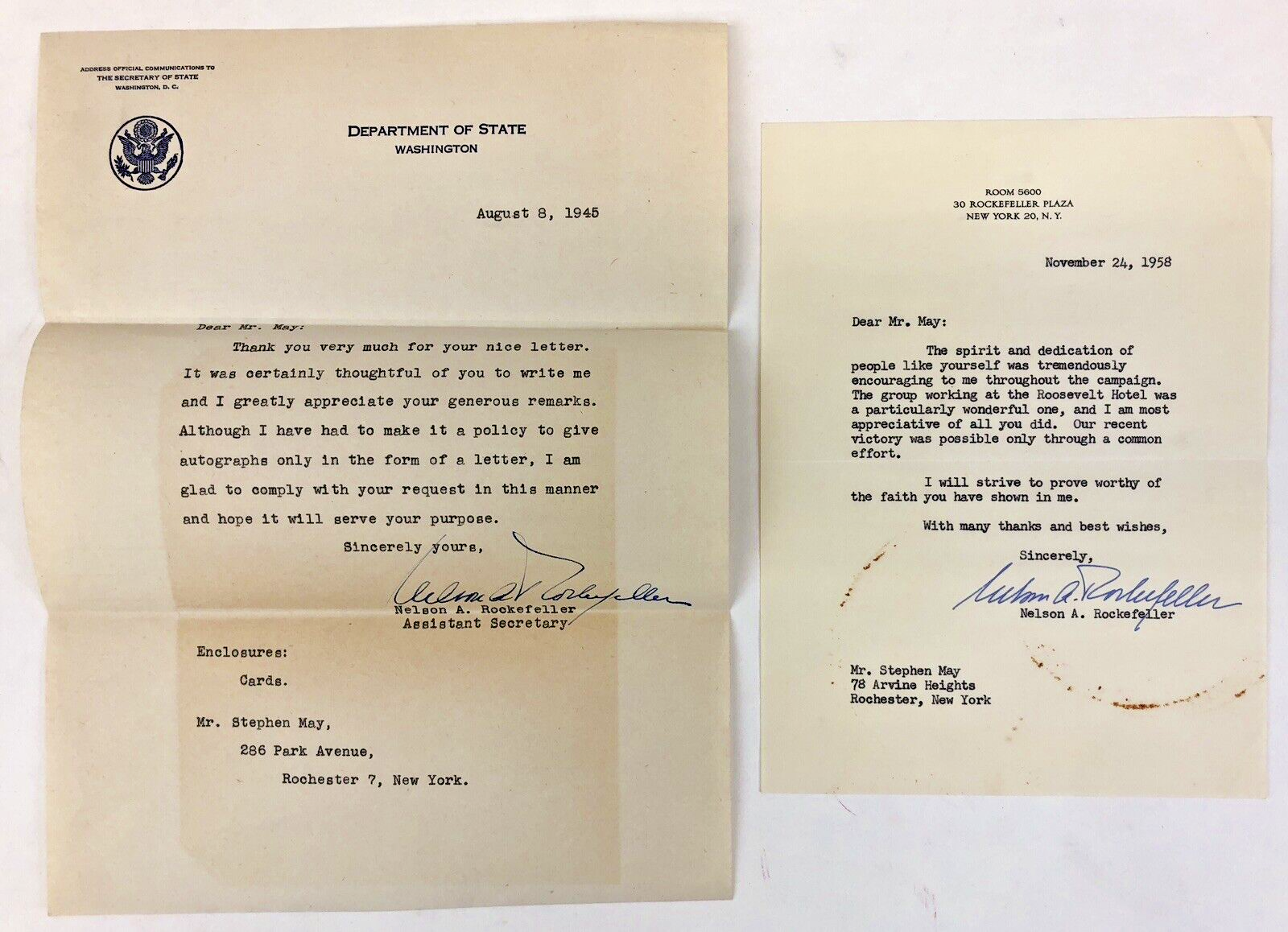 Signned Letters TYPED LETTERS SIGNED | Nelson Rockefeller, Winthrop Aldriche