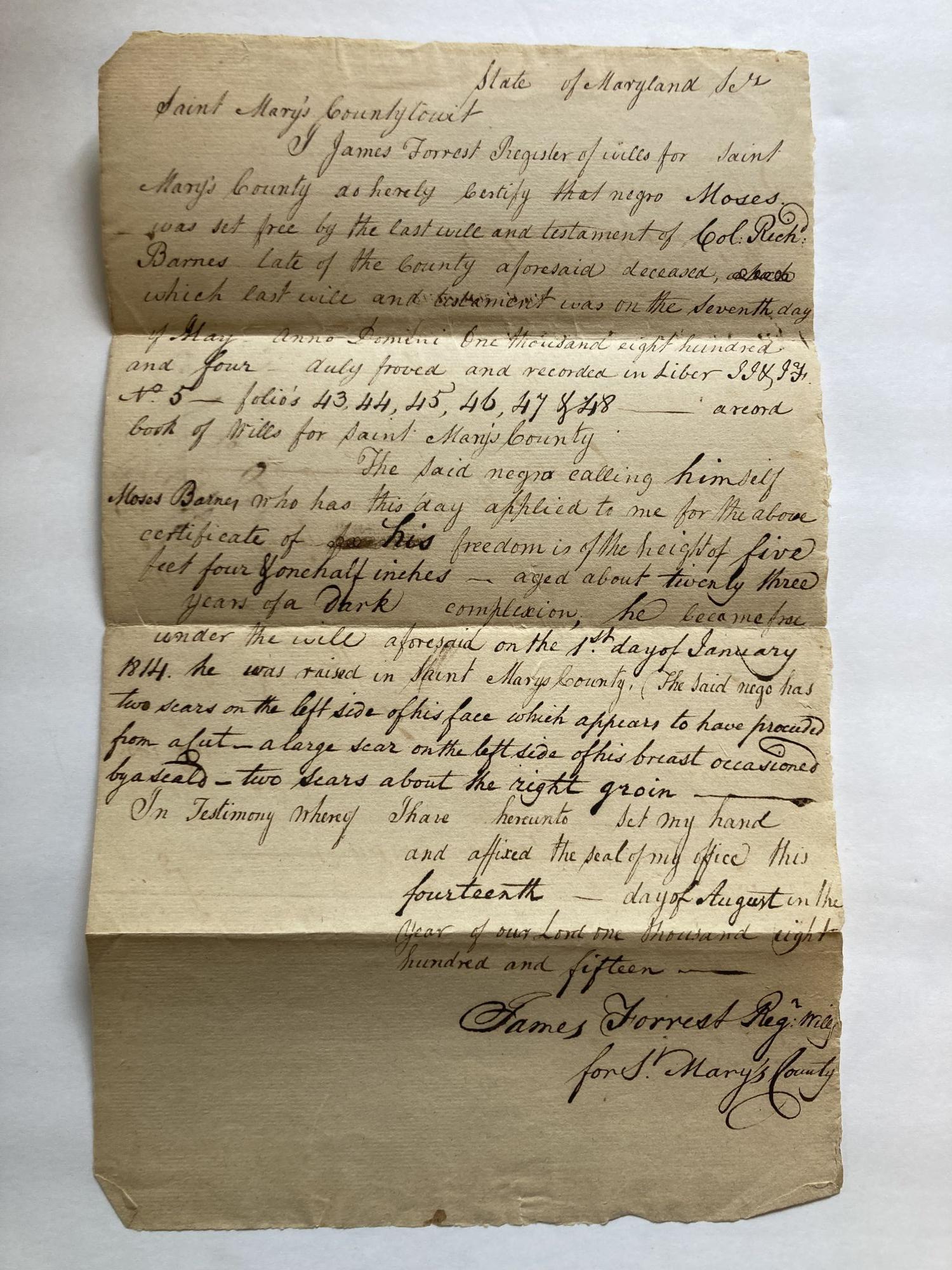 Manumission Inscriptions MANUMISSION CERTIFICATE OF FREEDOM ISSUED IN MARYLAND