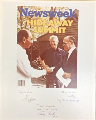 1371179 CARTER, SADAT, AND BEGIN SIGNED 1978 CAMP DAVID ACCORDS "NEWSWEEK" COVER PRINT. Jimmy...