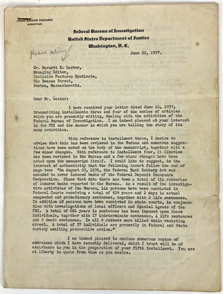 1371312 FBI 1930s SIGNED LETTER REGARDING JOHN DILLINGER & E.FRECHETTE. J. Edgar Hoover