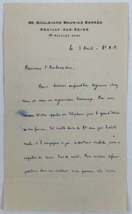 1379450 AUTOGRAPH LETTER SIGNED [ALS] TO AMBASSADOR JESSE STRAUS. Andre Maurois