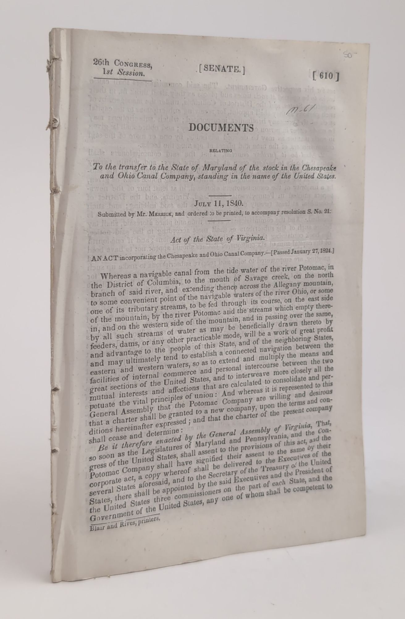 1380676 DOCUMENTS RELATING TO THE TRANSFER TO THE STATE OF MARYLAND OF THE STOCK IN THE CHESAPEAKE AND OHIO CANAL COMPANY, STANDING IN THE NAME OF THE UNITED STATES