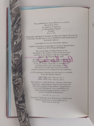 MILLENNIUM SERIES [THE GIRL WITH THE DRAGON TATTOO, THE GIRL WHO PLAYED WITH FIRE, THE GIRL WHO KNOCKED THE HORNETS' NEST, THE GIRL IN THE SPIDER'S WEB, THE GIRL WHO TAKES AN EYE FOR AN EYE, THE GIRL WHO LIVED TWICE, AND THE GIRL IN THE EAGLE'S TALONS] [7 Volumes] [Signed]
