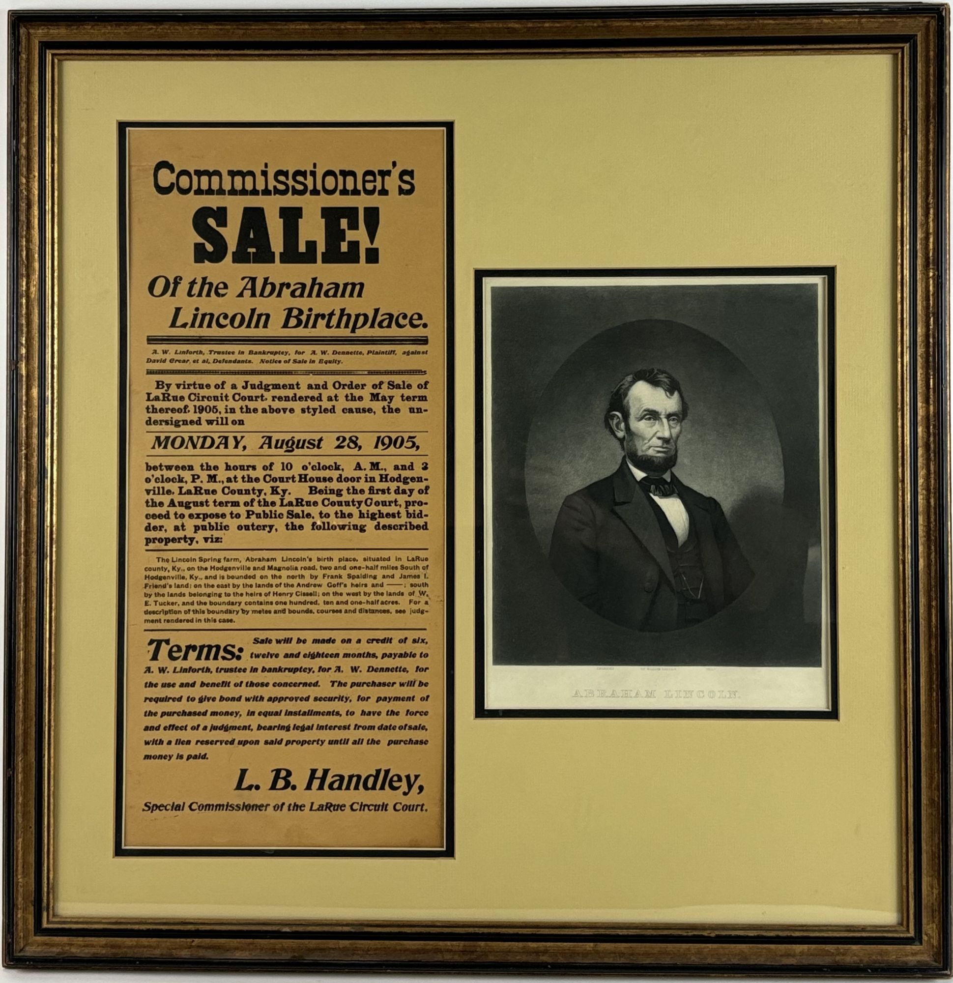 ORIGINAL BROADSIDE ADVERTISING SALE OF ABRAHAM LINCOLN HOMESTEAD | L. B ...
