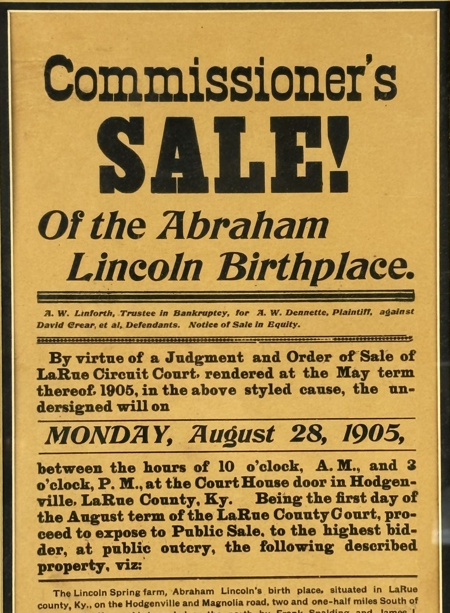ORIGINAL BROADSIDE ADVERTISING SALE OF ABRAHAM LINCOLN HOMESTEAD | L. B ...