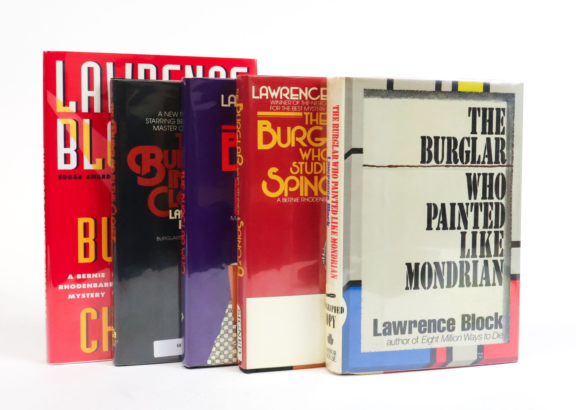 1385050 THE BERNIE RHODENBARR MYSTERIES: BURGLARS CAN'T BE CHOOSERS [with] THE BURGLAR IN THE CLOSET [and] THE BURGLAR WHO LIKED TO QUOTE KIPLING [and] THE BURGLAR WHO STUDIED SPINOZA [and[ THE BURGLAR WHO PAINTED LIKE MONDRIAN [Five Volumes] [Four Signed]. Lawrence Block.
