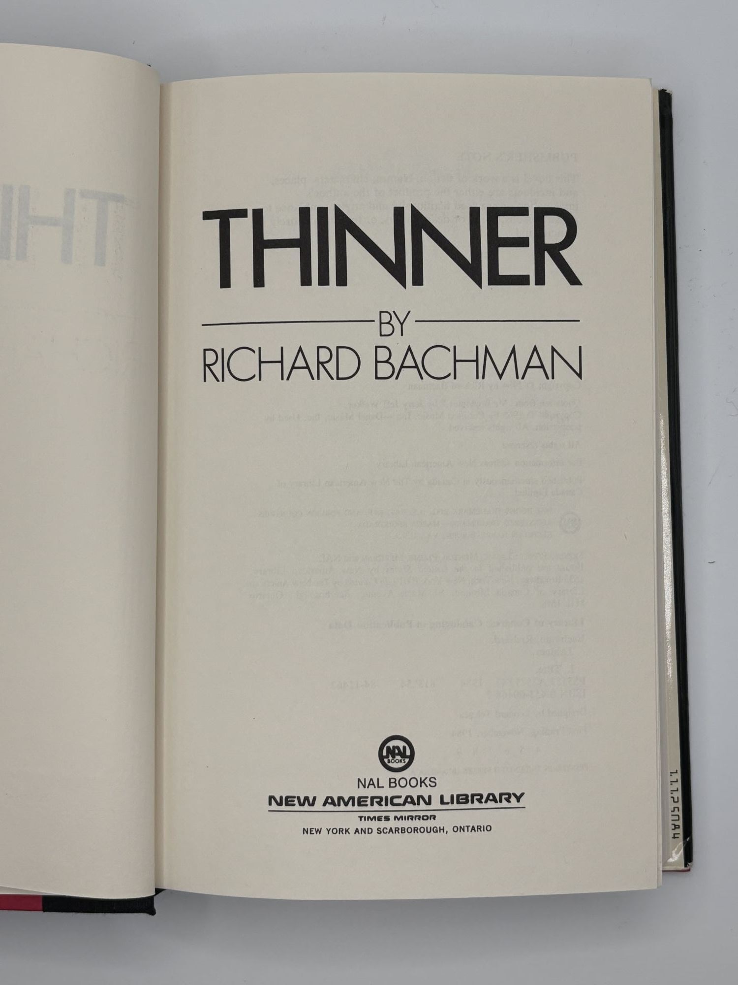 THINNER | Richard Bachman | First Canadian Edition, Fourth Printing