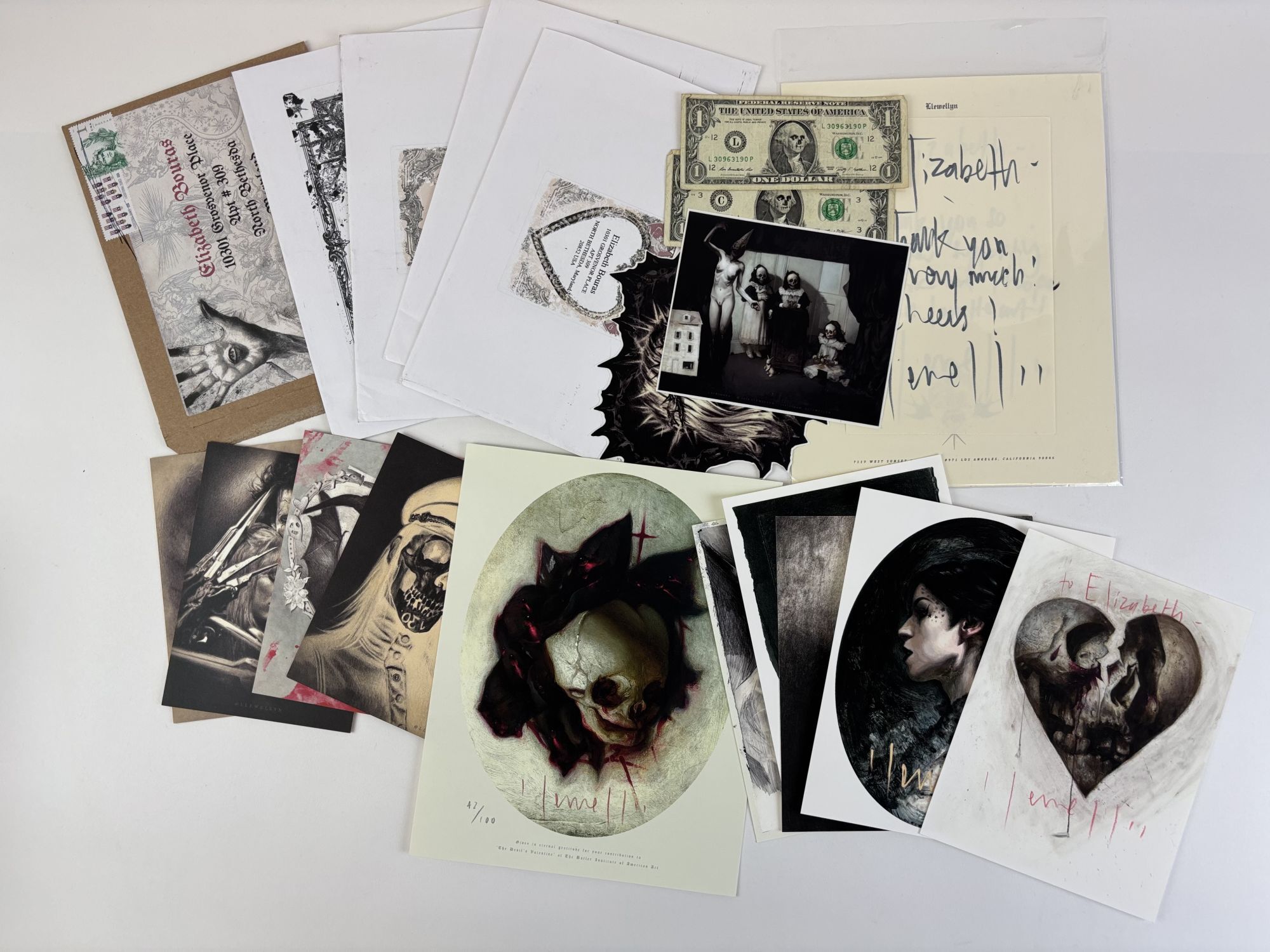 1393289 ASSORTMENT OF ORIGINAL MINI PRINTS, CORRESPONDENCE, AND OTHER COLLECTIBLES [Signed]. Kevin Lllewellyn.