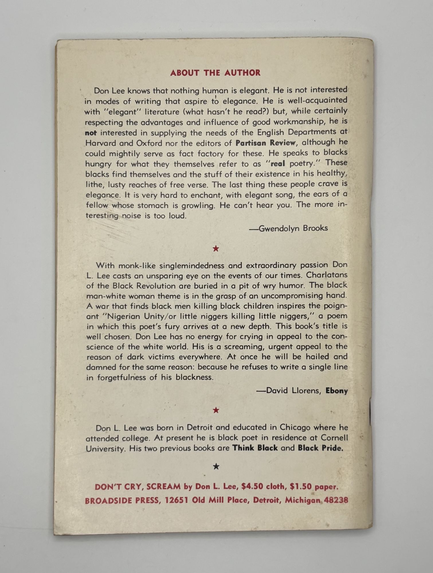 BLACK WORDS THAT SAY: DON'T CRY, SCREAM Inscribed | Don L. Lee ...
