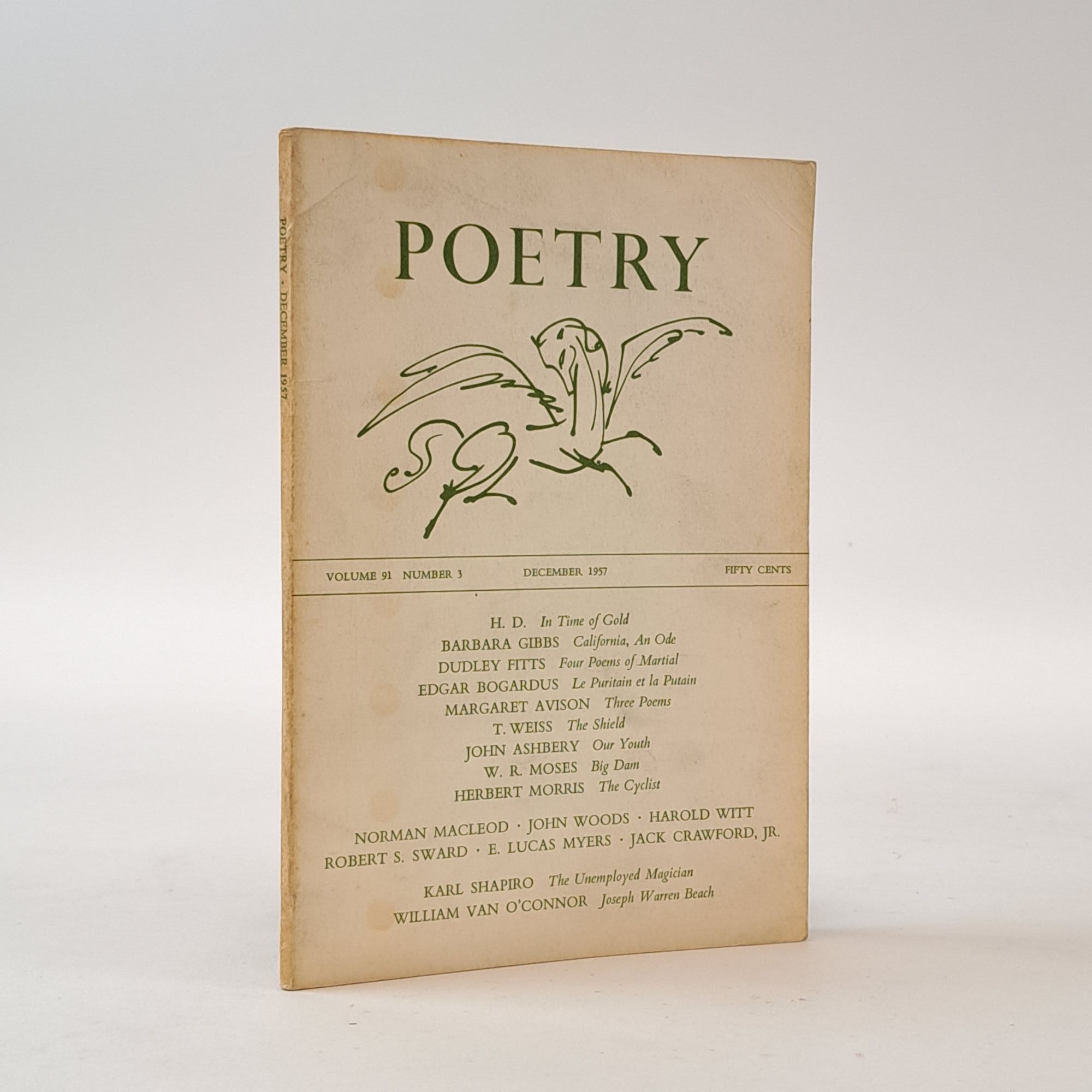 1398493 POETRY VOLUME 91, NUMBER 3 [Signed by John Ashbery]. Henry Rago, H D., Barbara Gibbs, Dudley Fitts, Edgar Bogardus, Margaret Avison, T. Weiss, John Ashbery, W. R. Moses, Herbert Morris.