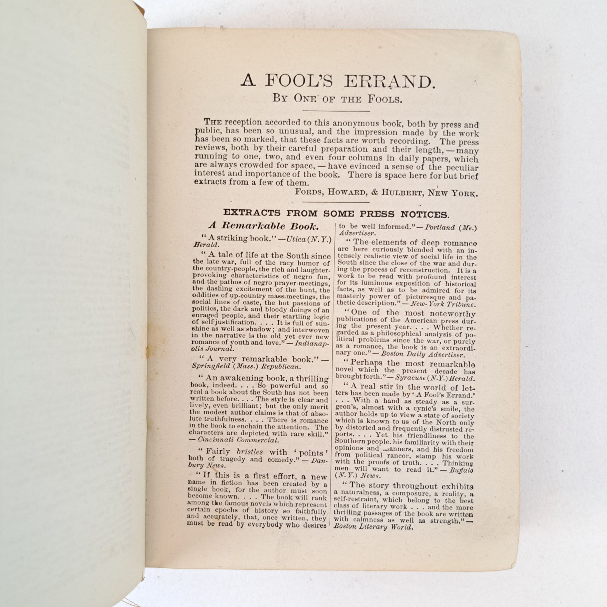 A FOOL'S ERRAND, BY ONE OF THE FOOLS | Anonymous | First Edition, Later ...