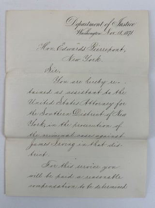 1402569 ATTORNEY GENERAL AMOS T. AKERMAN | ALS TO EDWARDS PIERREPONT, 1871 [with laid-in...