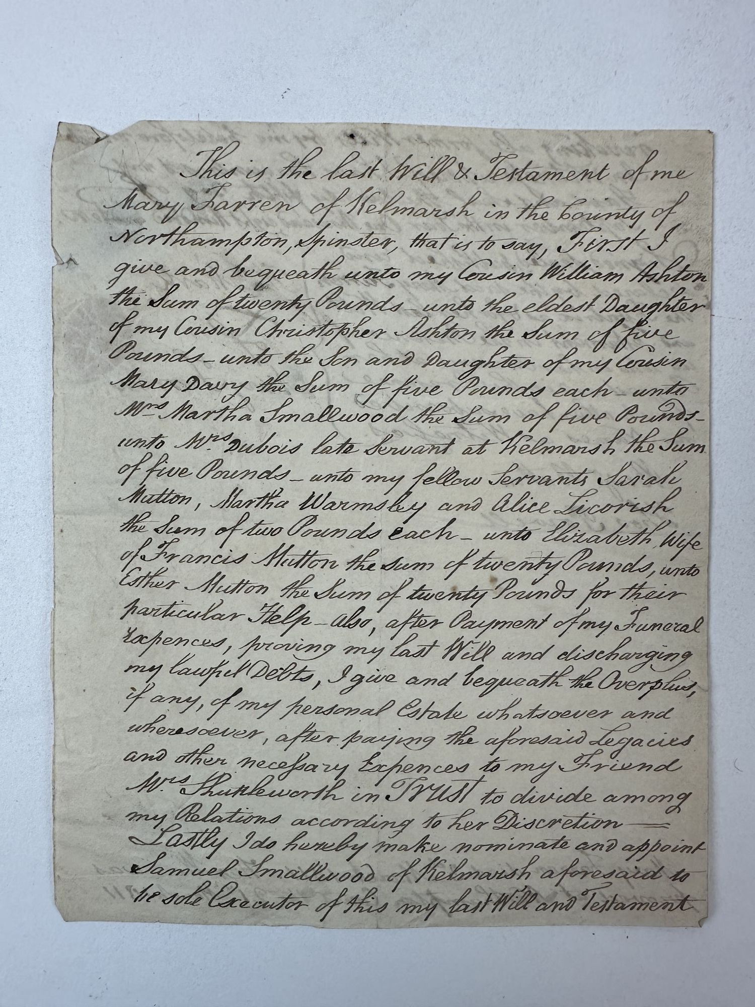 1402725 AUTOGRAPH LAST WILL & TESTAMENT OF MARY FARREN, 1810 [Signed]. Mary Farren.