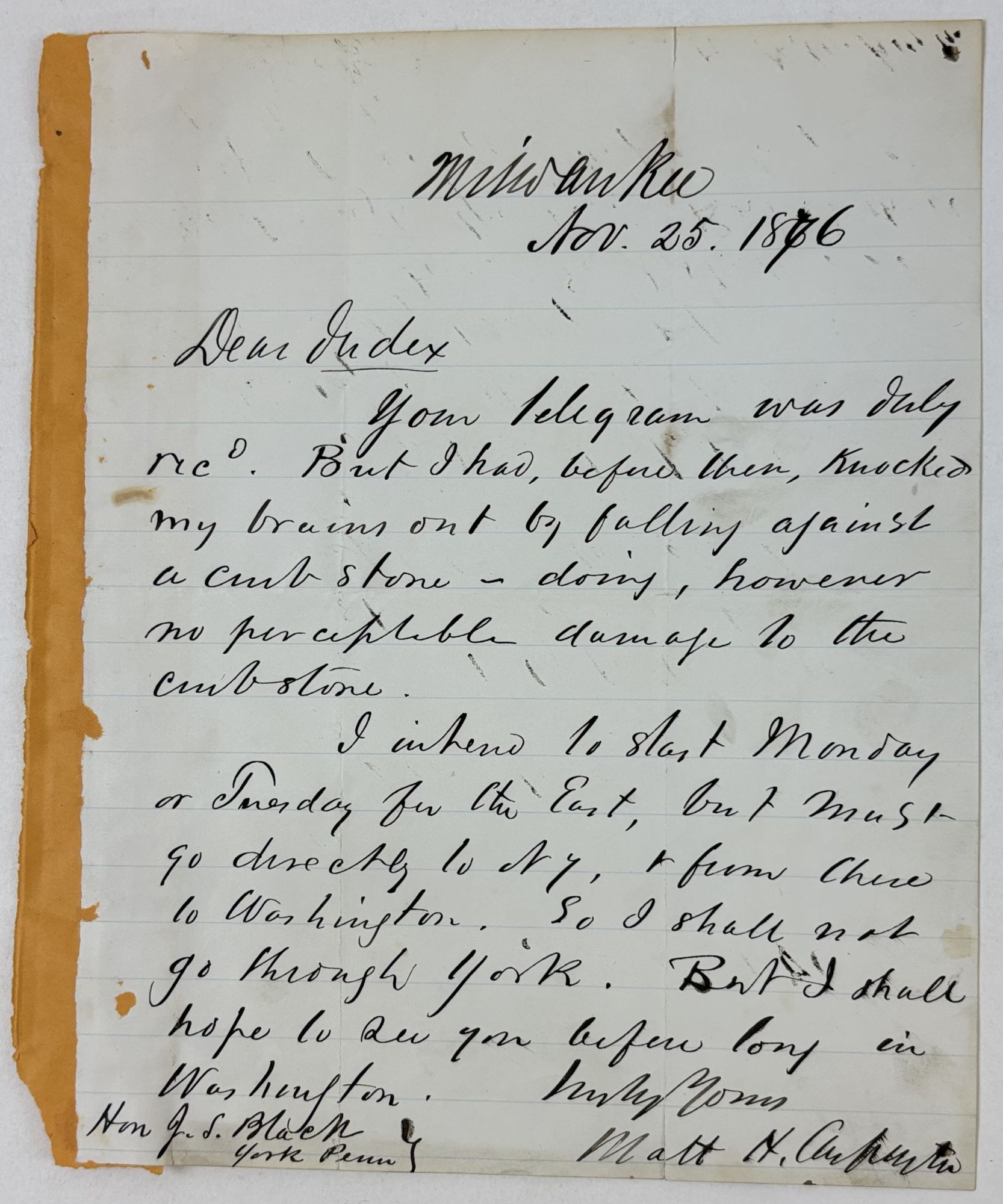 1402965 AUTOGRAPH LETTER SIGNED [Signed]. Matthew Hale Carpenter, Jeremiah S. Black.