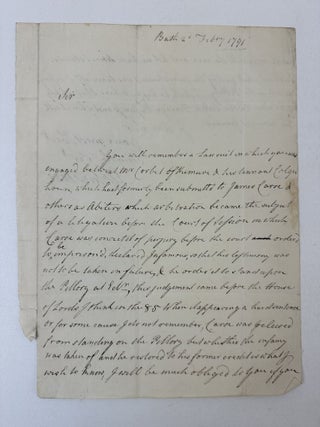 1403092 JOHN ELPHINSTONE, 11th LORD ELPHINSTONE | AUTOGRAPH LETTER SIGNED, BATH, 1791. Elphinstone
