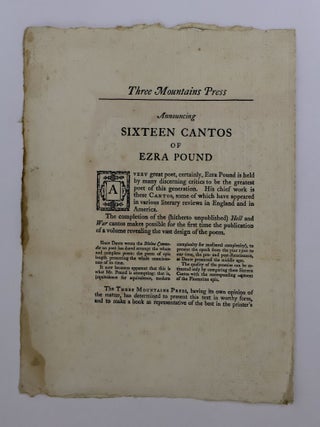1403541 ANNOUNCING SIXTEEN CANTOS OF EZRA POUND. Ezra Pound, Bill Bird