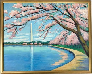 1406722 ORIGINAL ACRYLIC PAINTING “CHERRY BLOSSOMS AT THE TIDAL BASIN, WASHINGTON MONUMENT”...