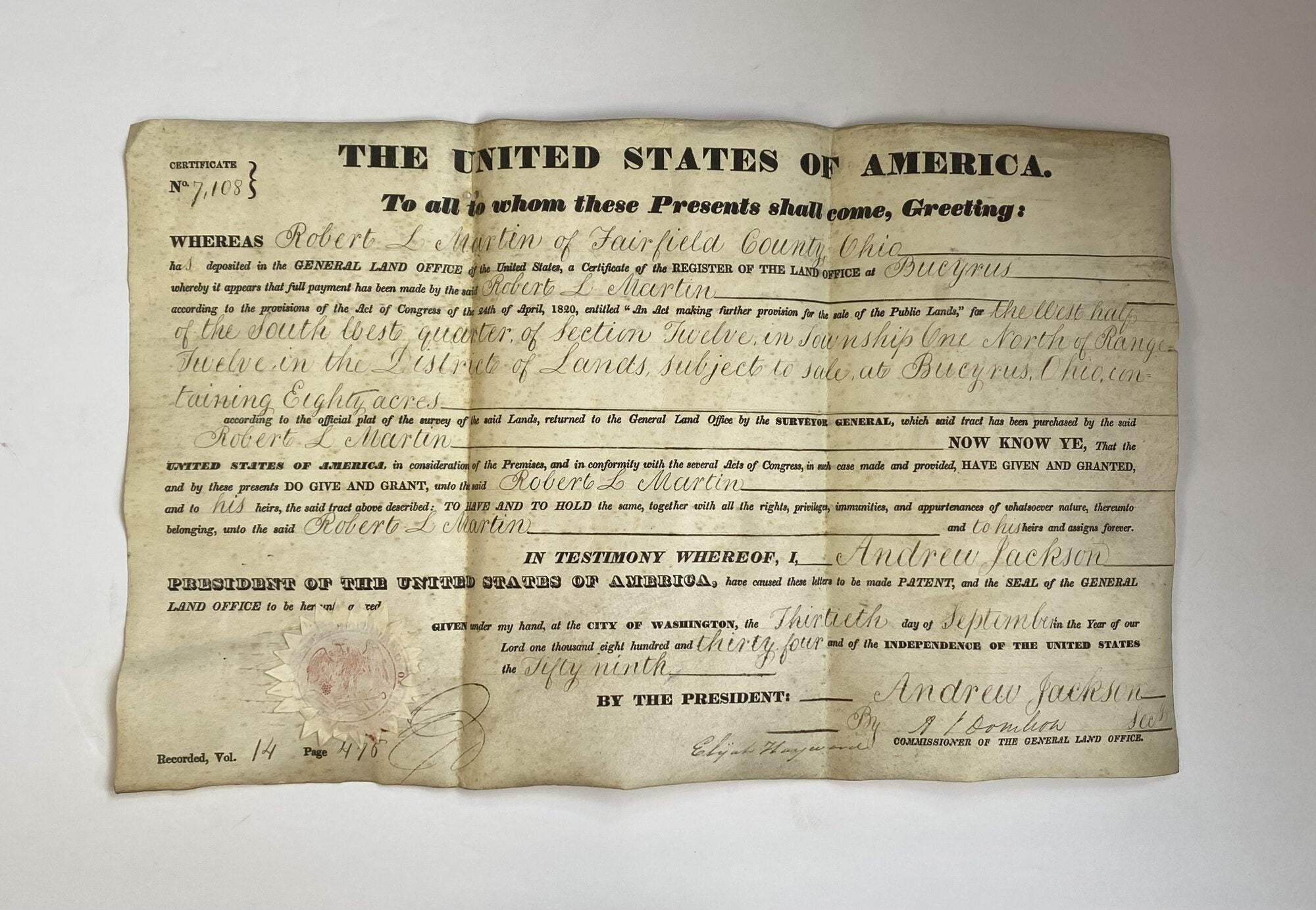 1408492 ANDREW JACKSON / ROBERT L. MARTIN LAND GRANT