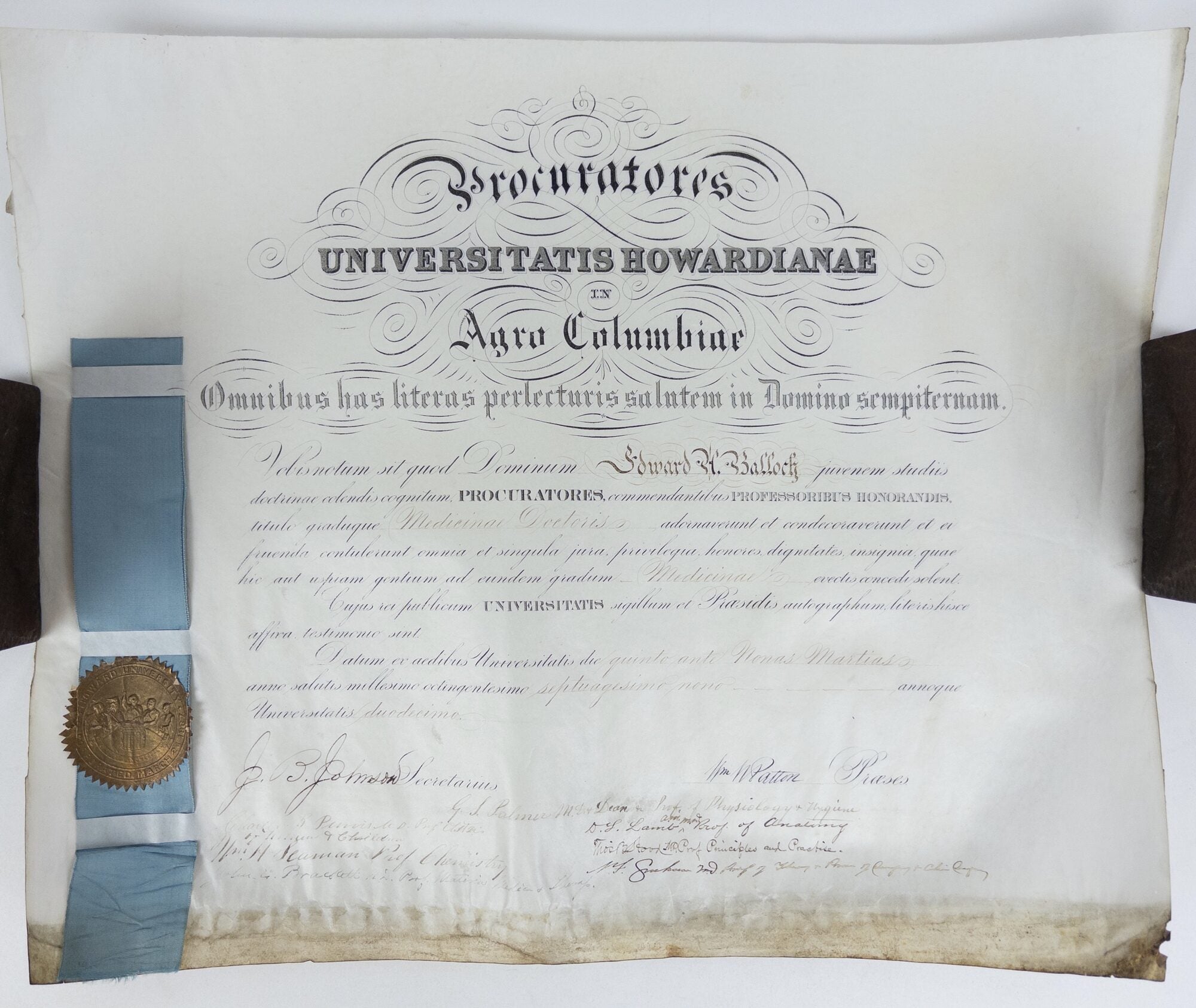 1409620 1879 HOWARD UNIVERSITY MEDICAL SCHOOL DIPLOMA [Signed]. D. S Lamb, G. S Palmer.