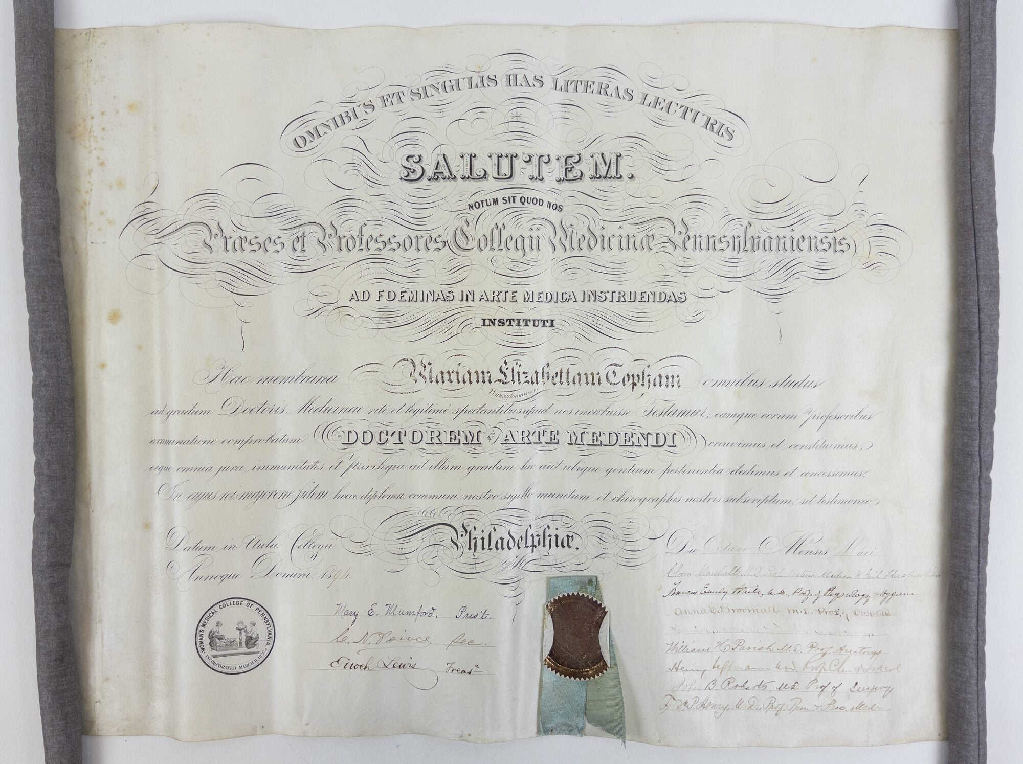 1409896 1894 "WOMAN'S MEDICAL COLLEGE OF PENNSYLVANIA" MEDICAL DIPLOMA [Signed]. Clara Marshall, Anna Broomall.