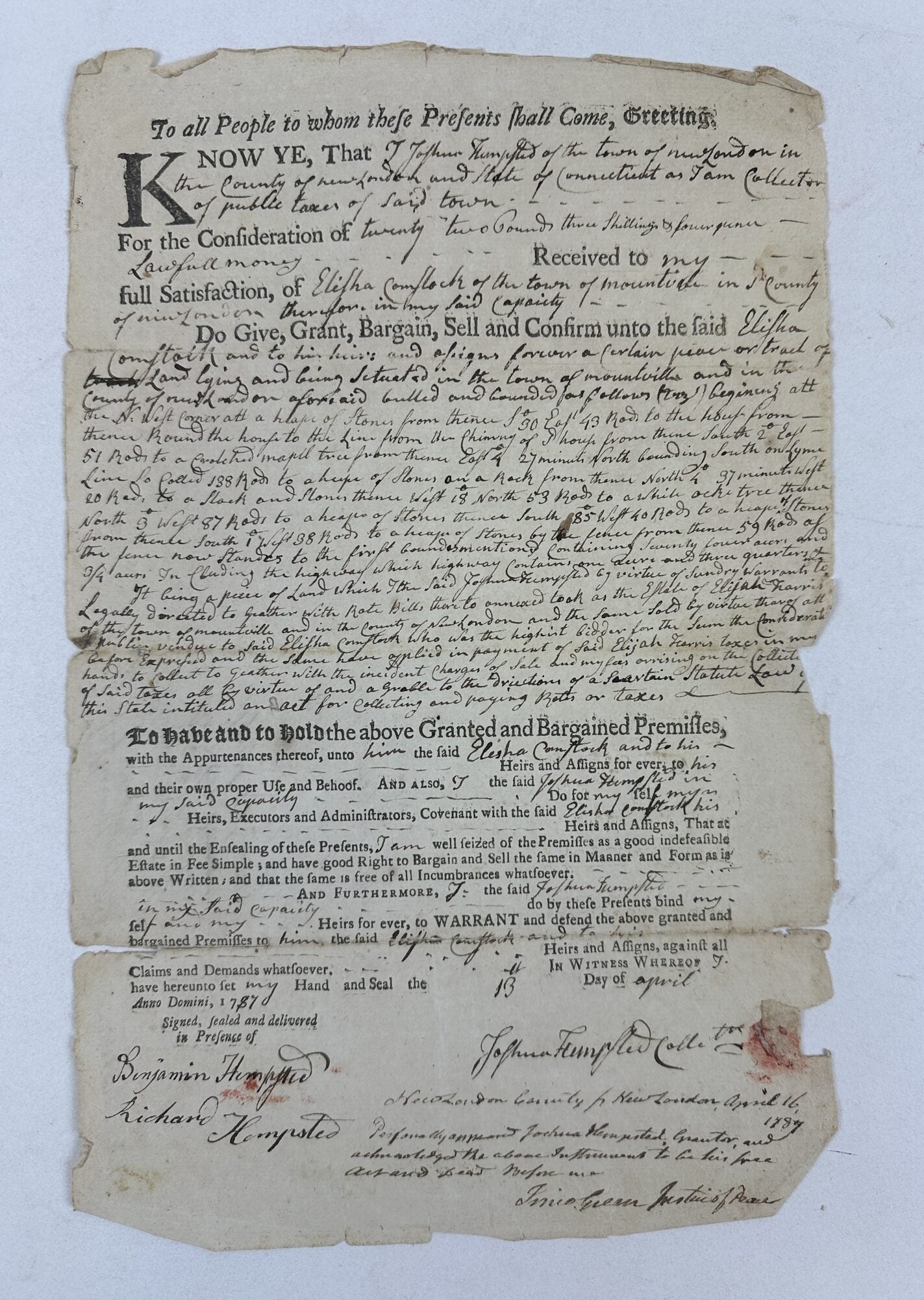 1410291 1787 NEW LONDON COUNTY, CONNECTICUT LAND DEED [Signed]