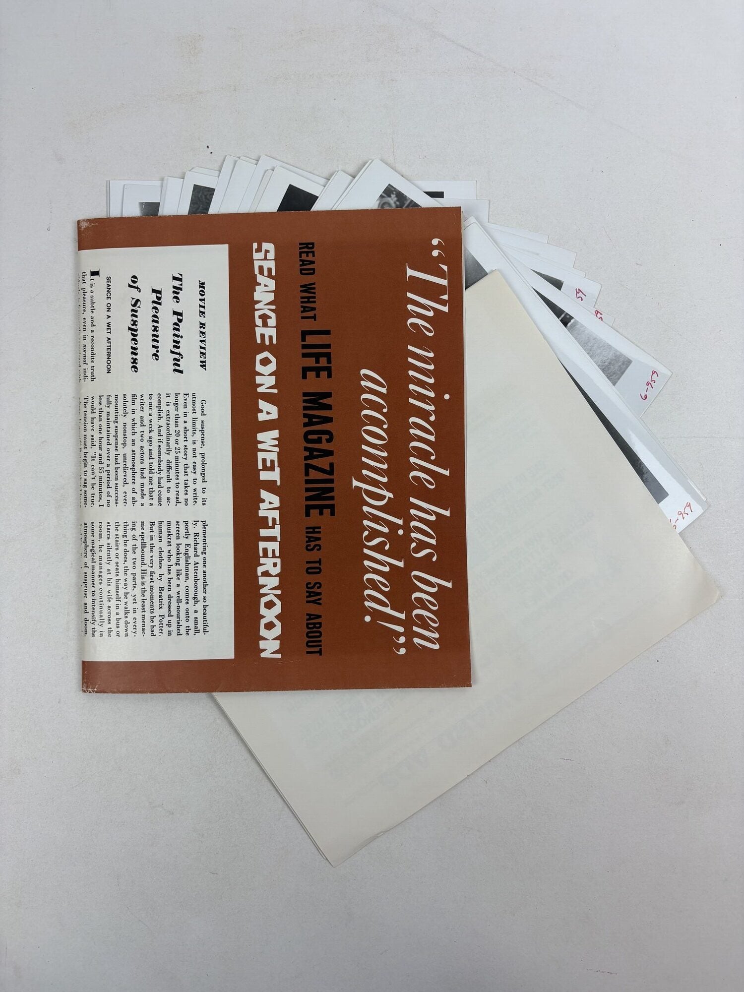1410478 ORIGINAL "SEANCE ON A WET AFTERNOON" MOVIE STILLS AND PROMOTIONAL EPHEMERA. Roald Dahl.