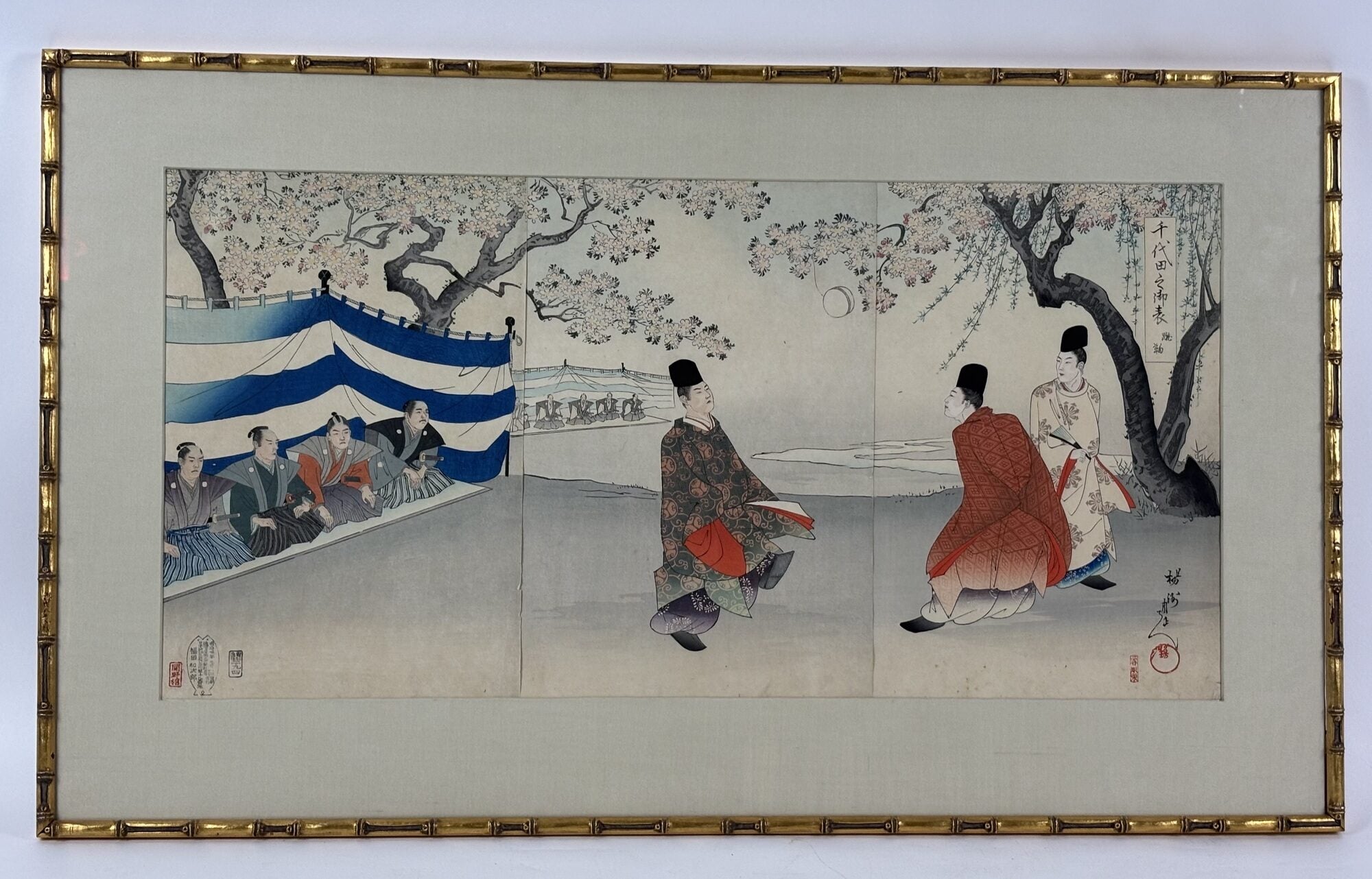1410676 WOODBLOCK TRYPTICH TITLED "KEMARI" FROM "CHIYODA OUTER PALACE" SERIES [Signed]. Yoshu Chikanobu.