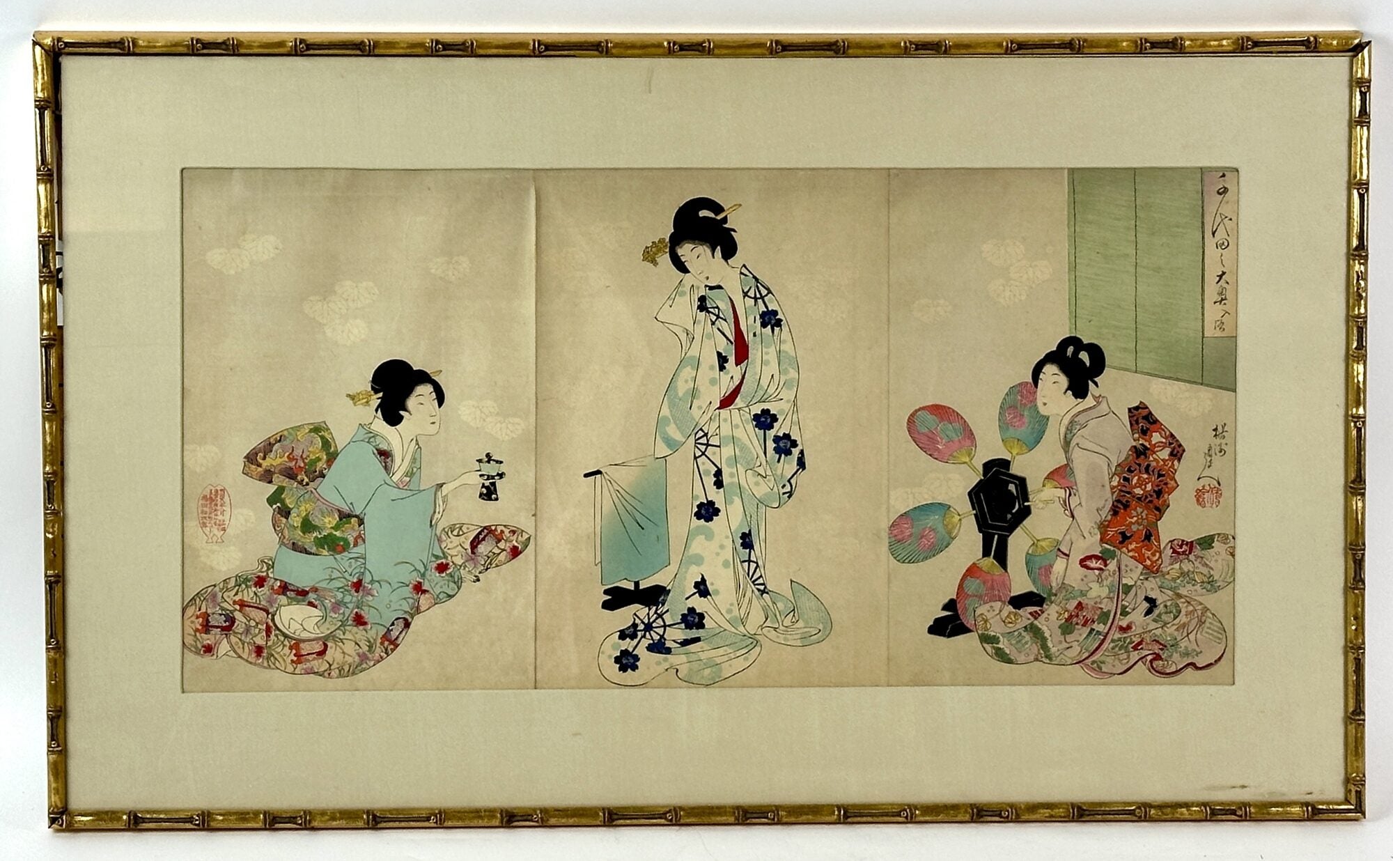 1410695 19th CENTURY WOODBLOCK TRYPTICH "AFTER BATH" FROM "CHIYODA INNER PALACE" SERIES [Signed]. Yoshu Chikanobu.