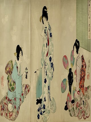 19th CENTURY WOODBLOCK TRYPTICH "AFTER BATH" FROM "CHIYODA INNER PALACE" SERIES [Signed]