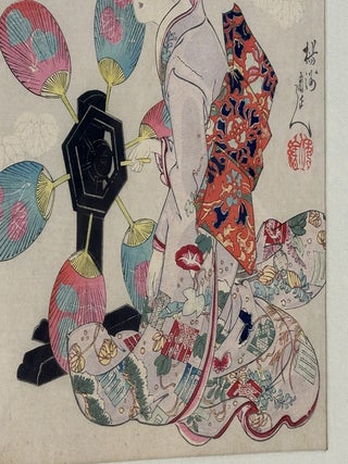 19th CENTURY WOODBLOCK TRYPTICH "AFTER BATH" FROM "CHIYODA INNER PALACE" SERIES [Signed]