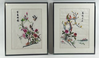1411874 PAIR OF CHINESE SILK EMBROIDERED PANELS WITH BIRDS AND FLORAL MOTIFS