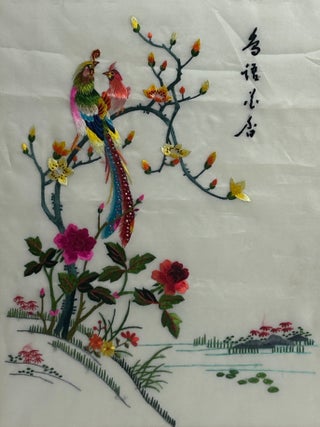 PAIR OF CHINESE SILK EMBROIDERED PANELS WITH BIRDS AND FLORAL MOTIFS