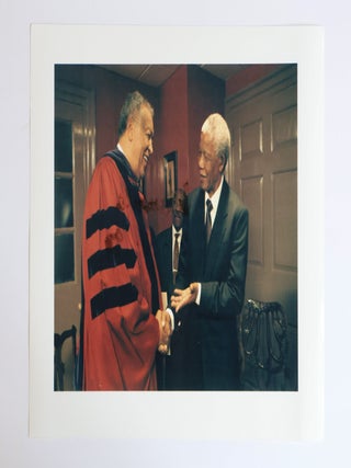 1412764 NELSON MANDELA SHAKING HANDS WITH HARVARD FACULTY MEMBER PHOTOGRAPH [Signed by Mandela