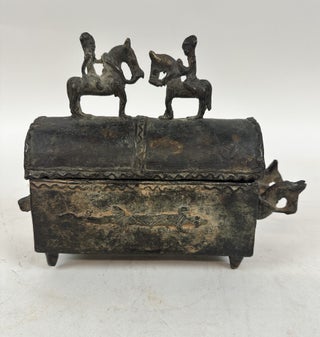 1413492 DOGON BRONZE LIDDED BOX WITH EQUESTRIAN FIGURES, MALI