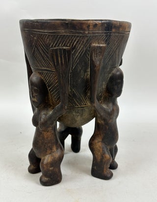 1413497 DOGON FIGURATIVE WOODEN BOWL WITH THREE FIGURES, MALI