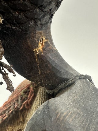 MAKONDE CARVED WOOD MALE FIGURE SEATED ON STOOL WITH FIBER CLOTH, KENYA