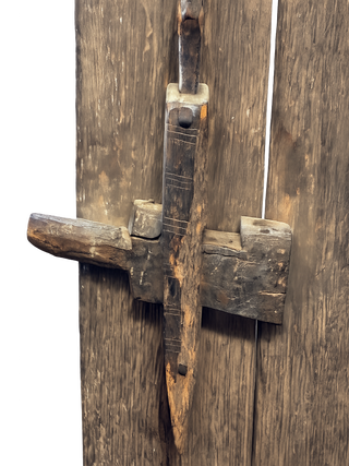 ANTIQUE WOODEN GRANARY DOOR WITH TRADITIONAL LOCKING MECHANISM, WEST AFRICA