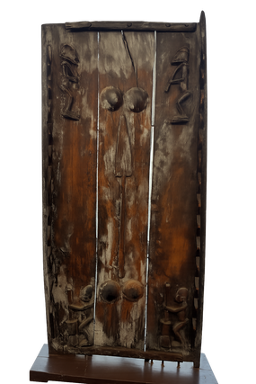 1413613 LARGE WOODEN GRANARY DOOR WITH CARVED RELIEF FIGURES, WEST AFRICA