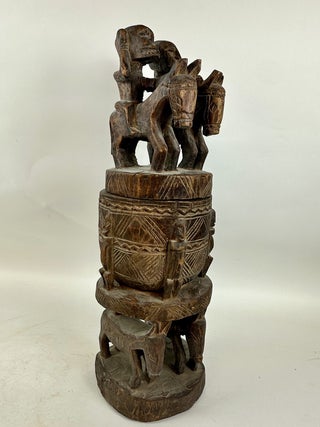 1413778 DOGON CARVED WOODEN VESSEL WITH EQUESTRIAN LID, MALI