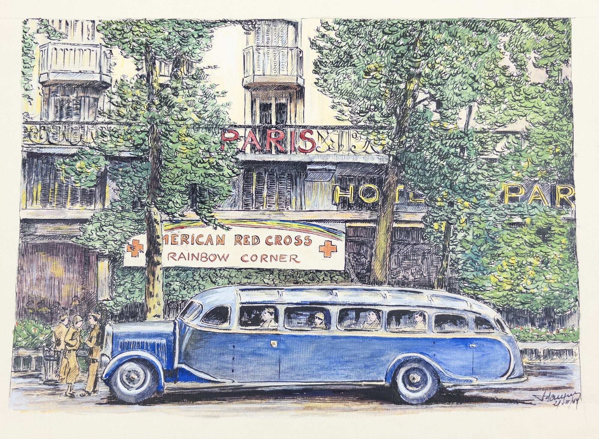 1413943 ORIGINAL 1944 WATERCOLOR PAINTING DEPICTING AMERICAN RED CROSS "RAINBOW CORNER" [Signed]