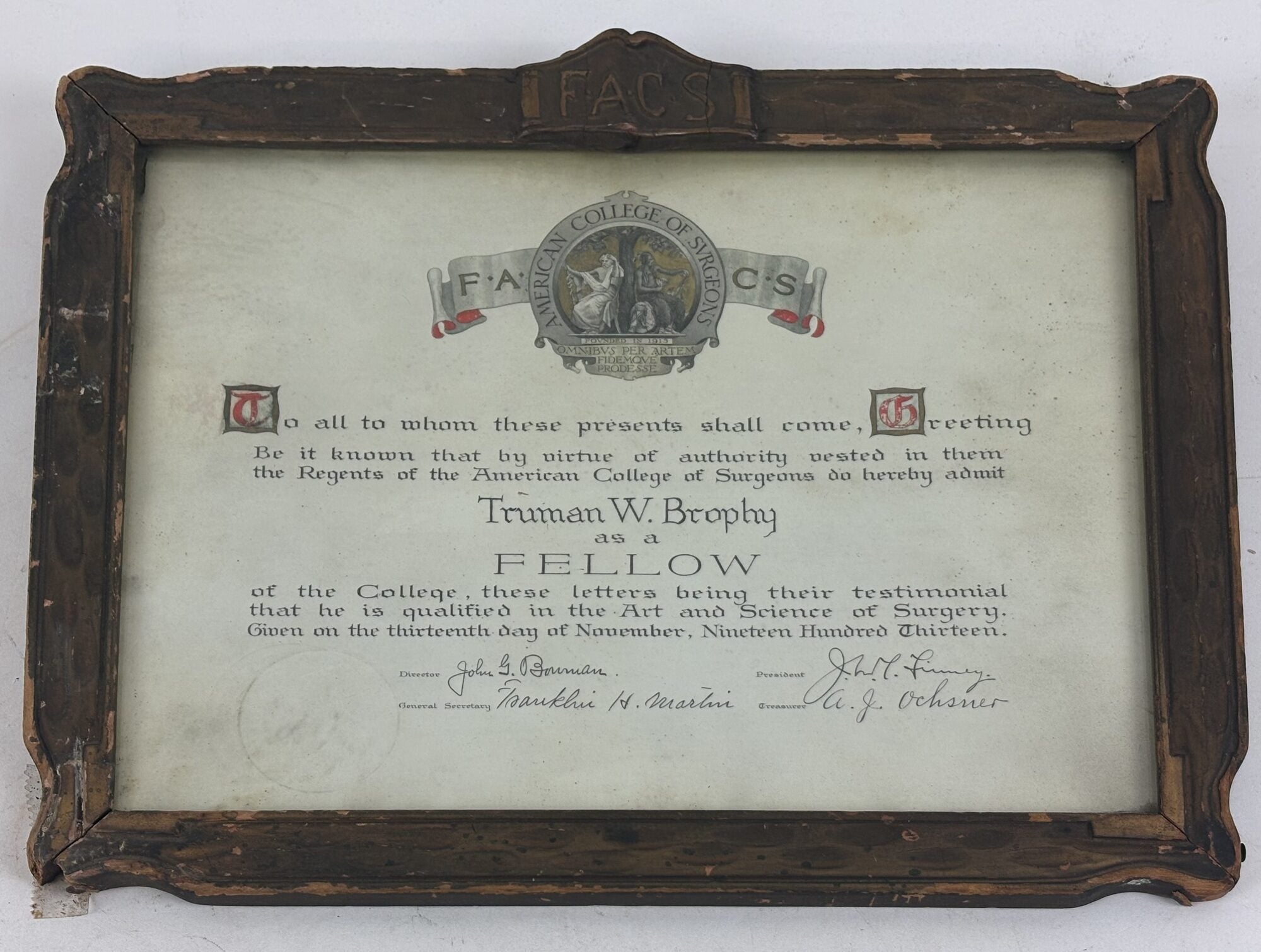 1413970 ORIGINAL TRUMAN W. BROPHY ADMITTANCE LETTER TO THE AMERICAN COLLEGE OF SURGEONS