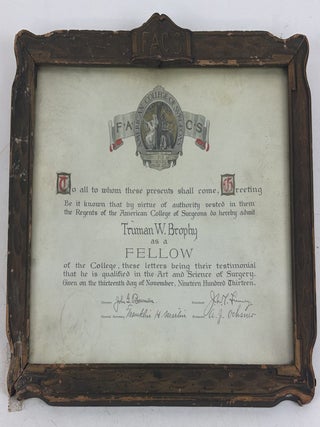1413970 ORIGINAL TRUMAN W. BROPHY ADMITTANCE LETTER TO THE AMERICAN COLLEGE OF SURGEONS