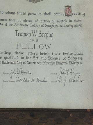 ORIGINAL TRUMAN W. BROPHY ADMITTANCE LETTER TO THE AMERICAN COLLEGE OF SURGEONS