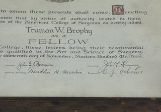 ORIGINAL TRUMAN W. BROPHY ADMITTANCE LETTER TO THE AMERICAN COLLEGE OF SURGEONS